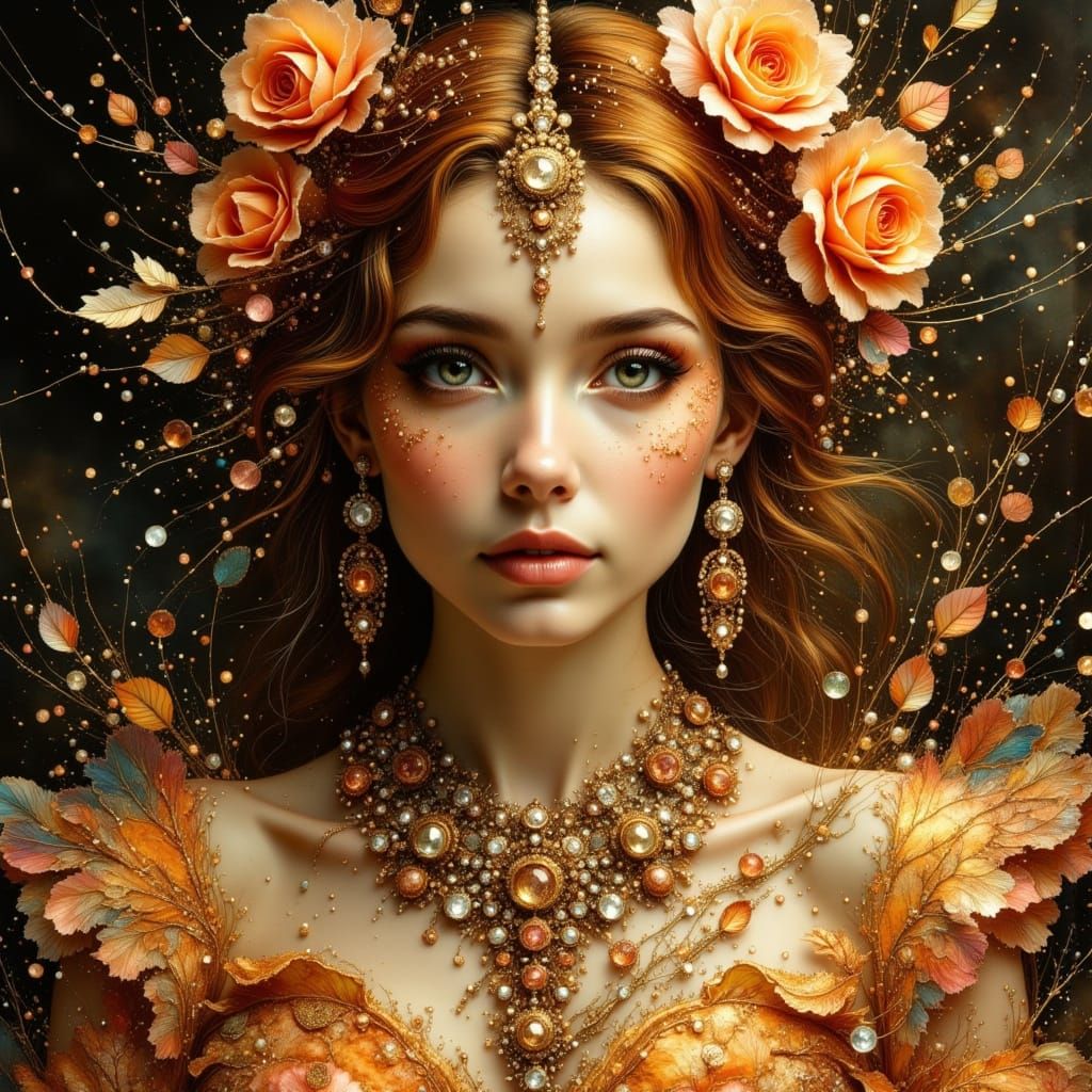 Ethereal Woman in Apricot Hues with Golden Accents