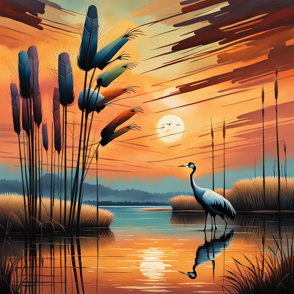 Cranes in Evening Light: Muted Surrealism