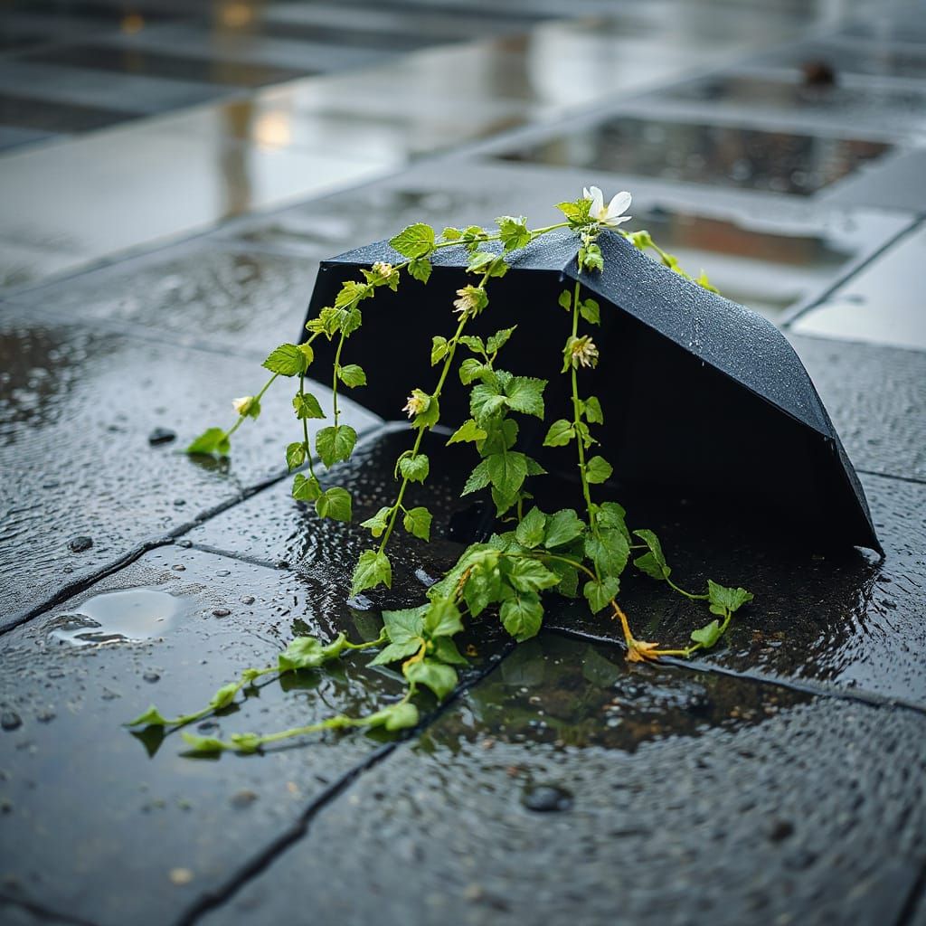 Umbrella's Floral Bloom on Rainy Pavement