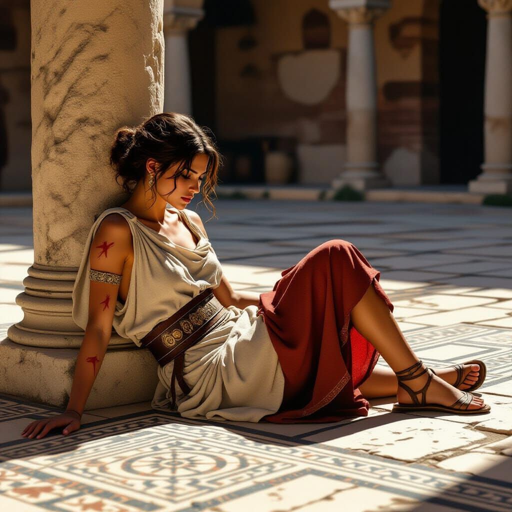 Roman Courtyard Scene: Woman Resting After Skirmish