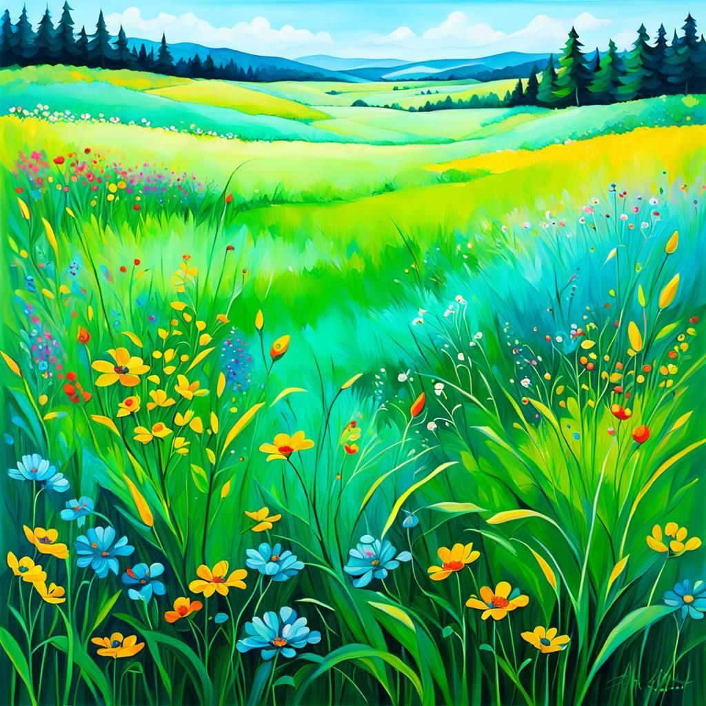 Abstract Meadow Painting in Complementary Colors