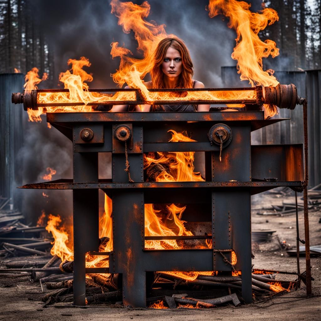 Rusty Metal Girl in Fire Photo