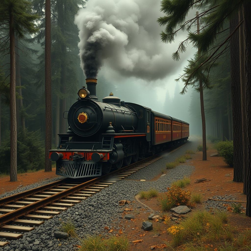 Vintage Train Chugs Along Rusty Tracks in Misty Woods
