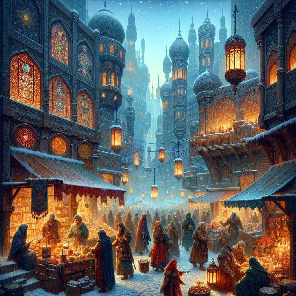 A vibrant, bustling marketplace in a fantasy city