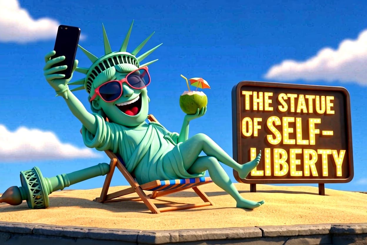 Pixar-Style Statue of Liberty Relaxing on Beach