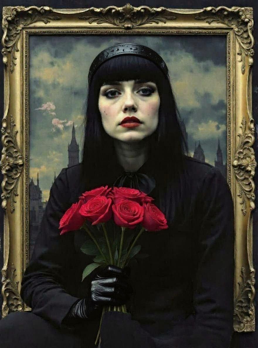 Gothic Girl in Gilded Frame, Atmospheric Collage