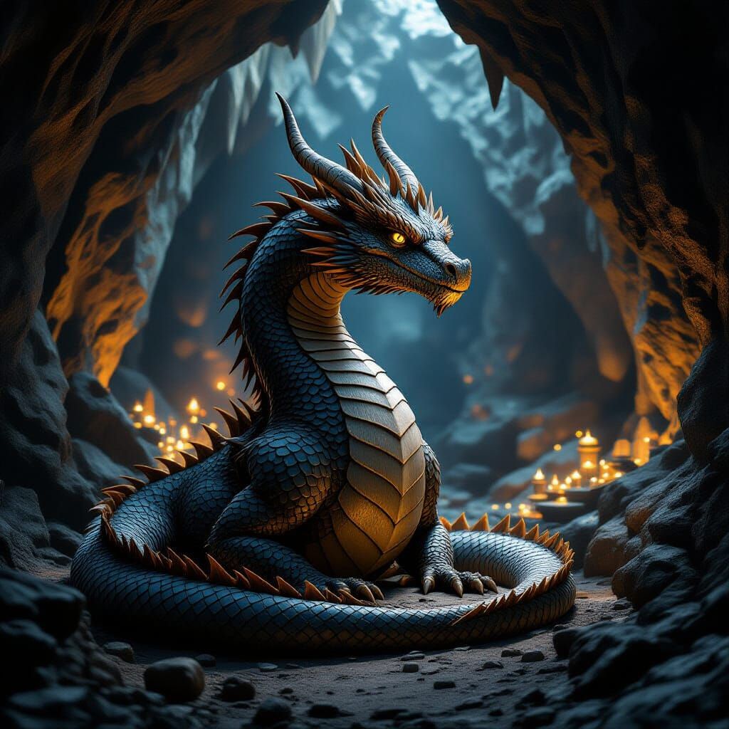 Ancient Dragon Guards Illuminated Treasure in Cave