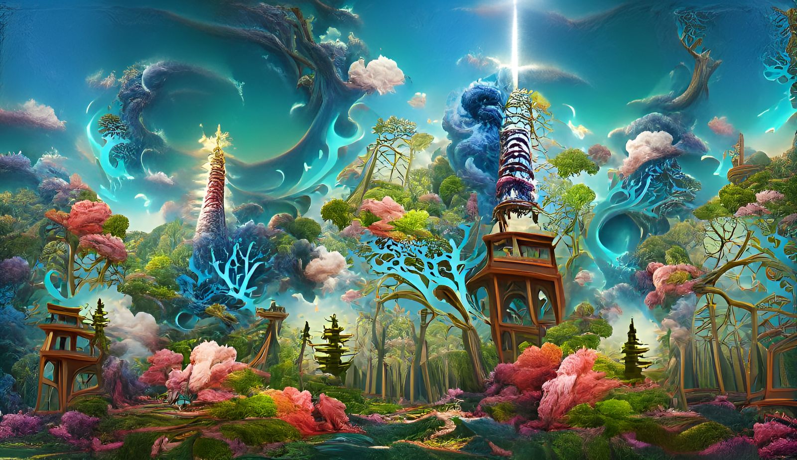 Psychedelic Woods with Swirling Tower, Digital Illustration