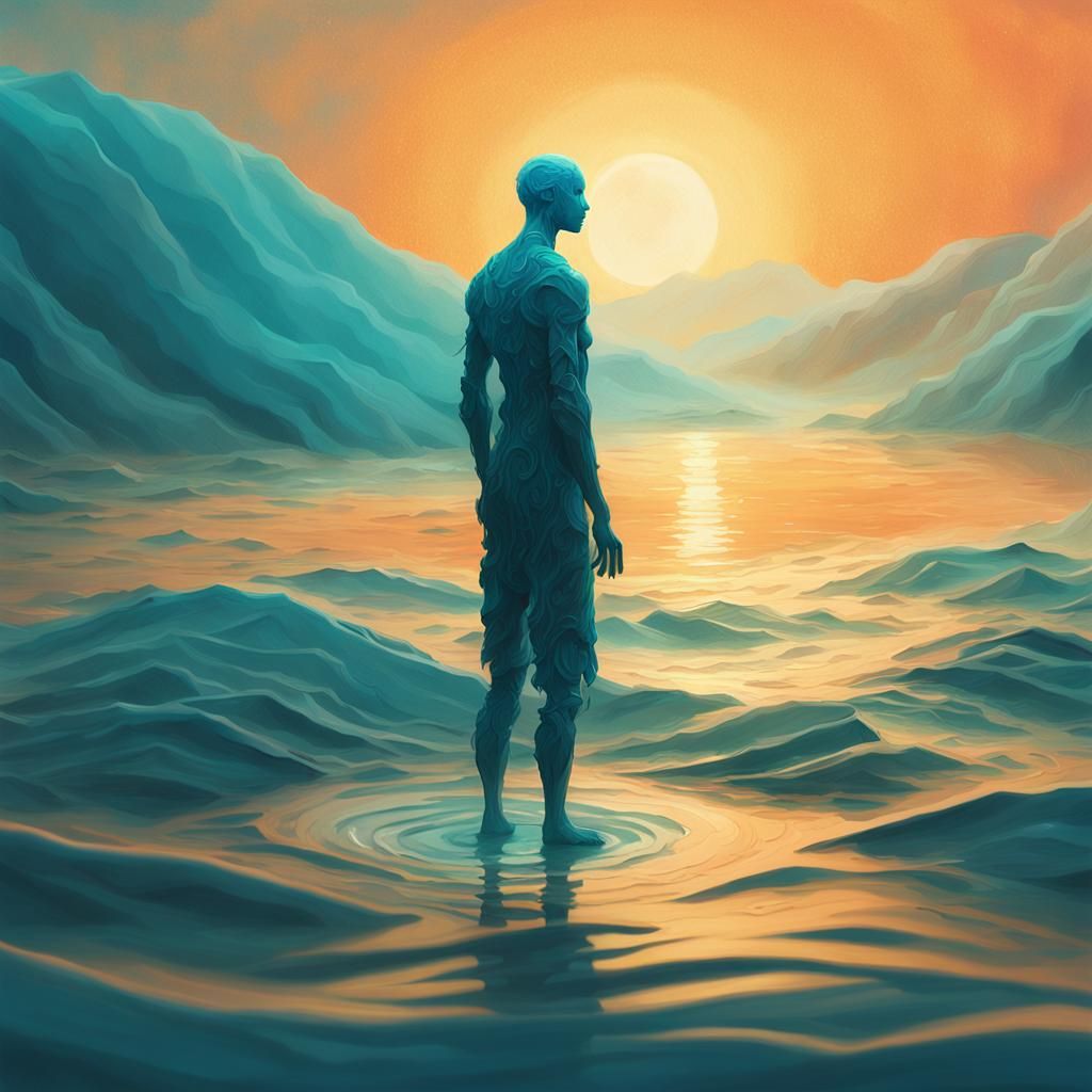 Water Humanoid Gazes into Fantasy Sunset