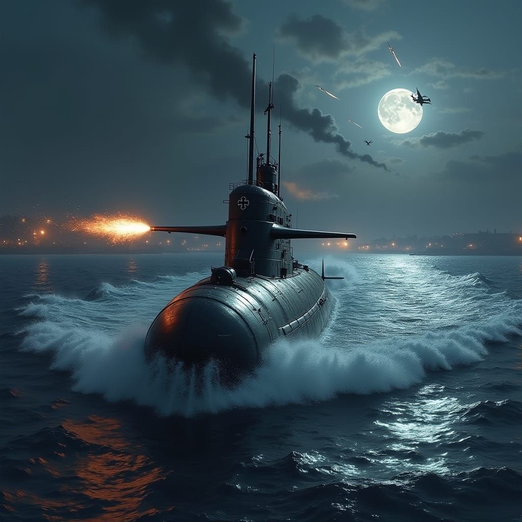 German U-Boat Speeds Through French Waters Under Moonlight