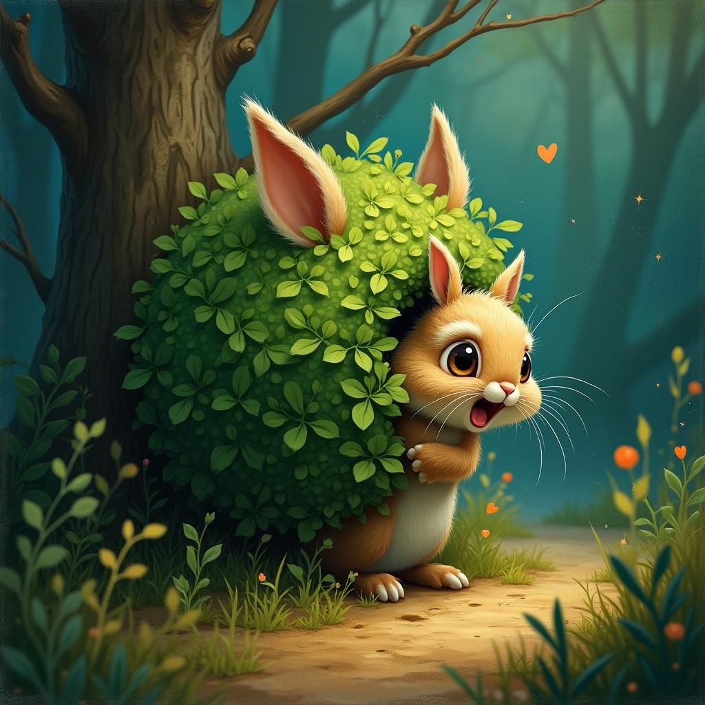 Timid Rabbit Hiding in Forest: Whimsical Fantasy Art
