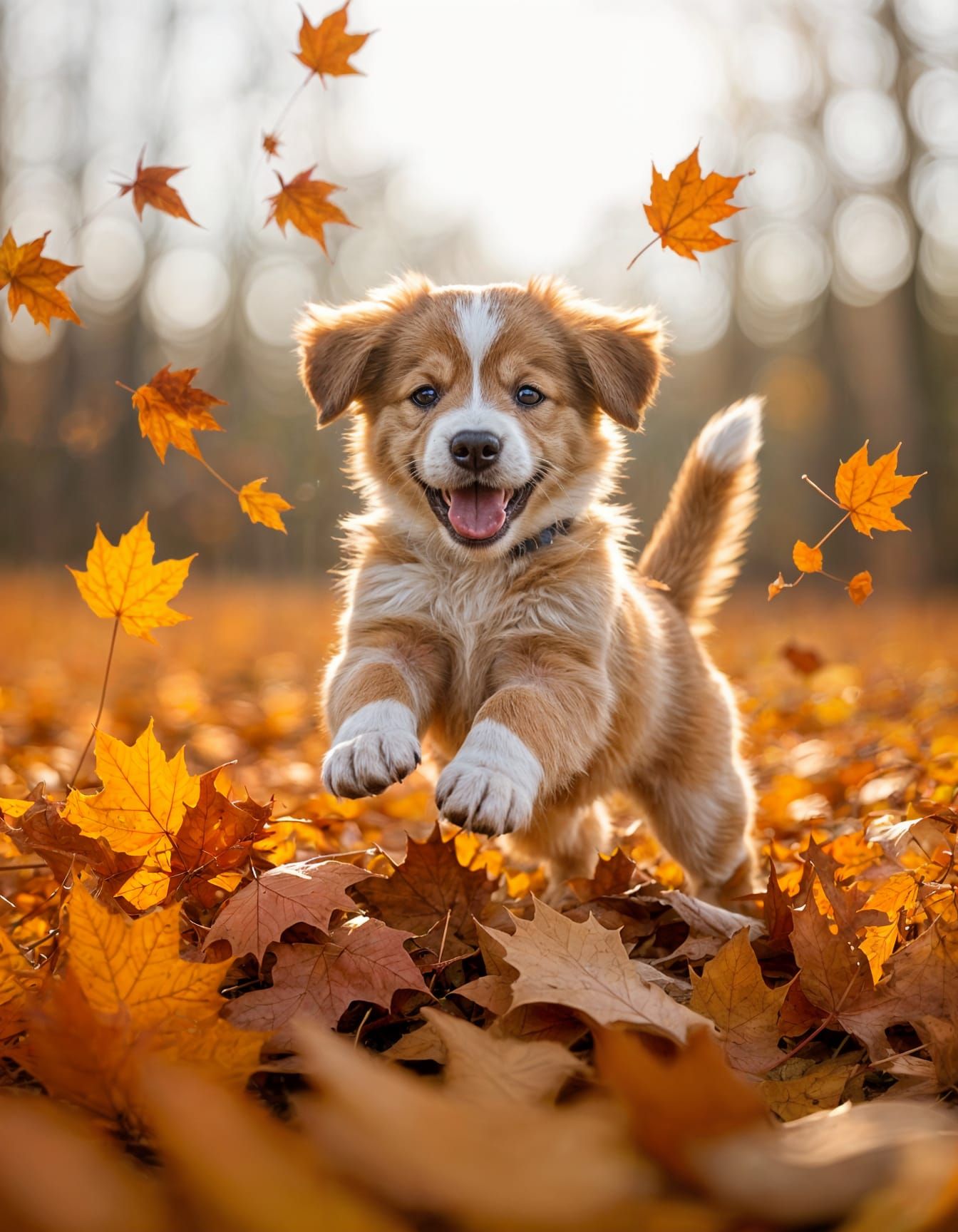 Joyful Puppy Leaping into Autumn Leaves