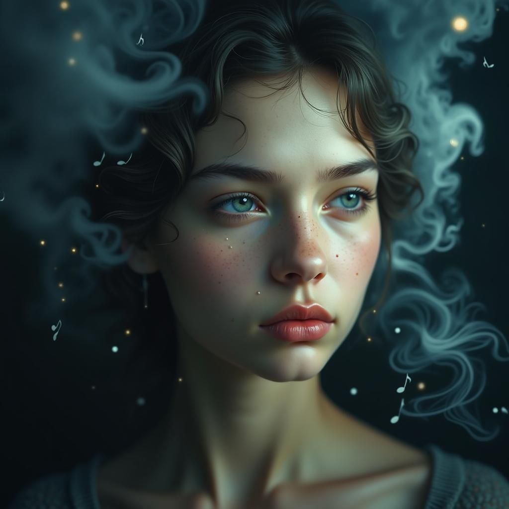 Melancholic Woman with Musical Notes in Art Nouveau Style