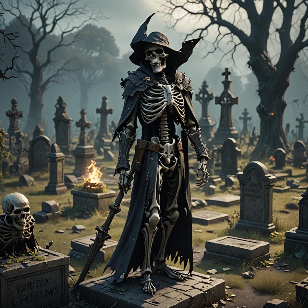Dark Skeleton Wizards in Creepy Graveyard
