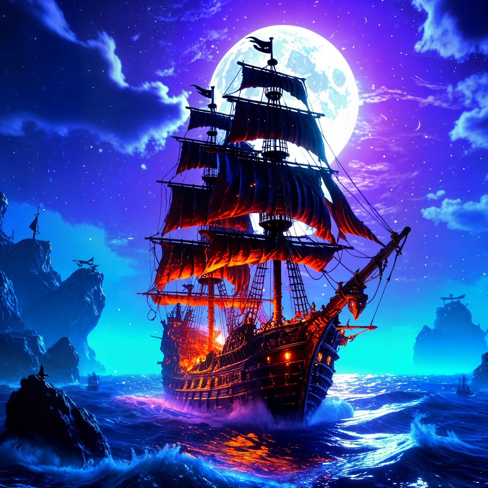 Gothic Pirate Ship on Stormy Seas Under Full Moon