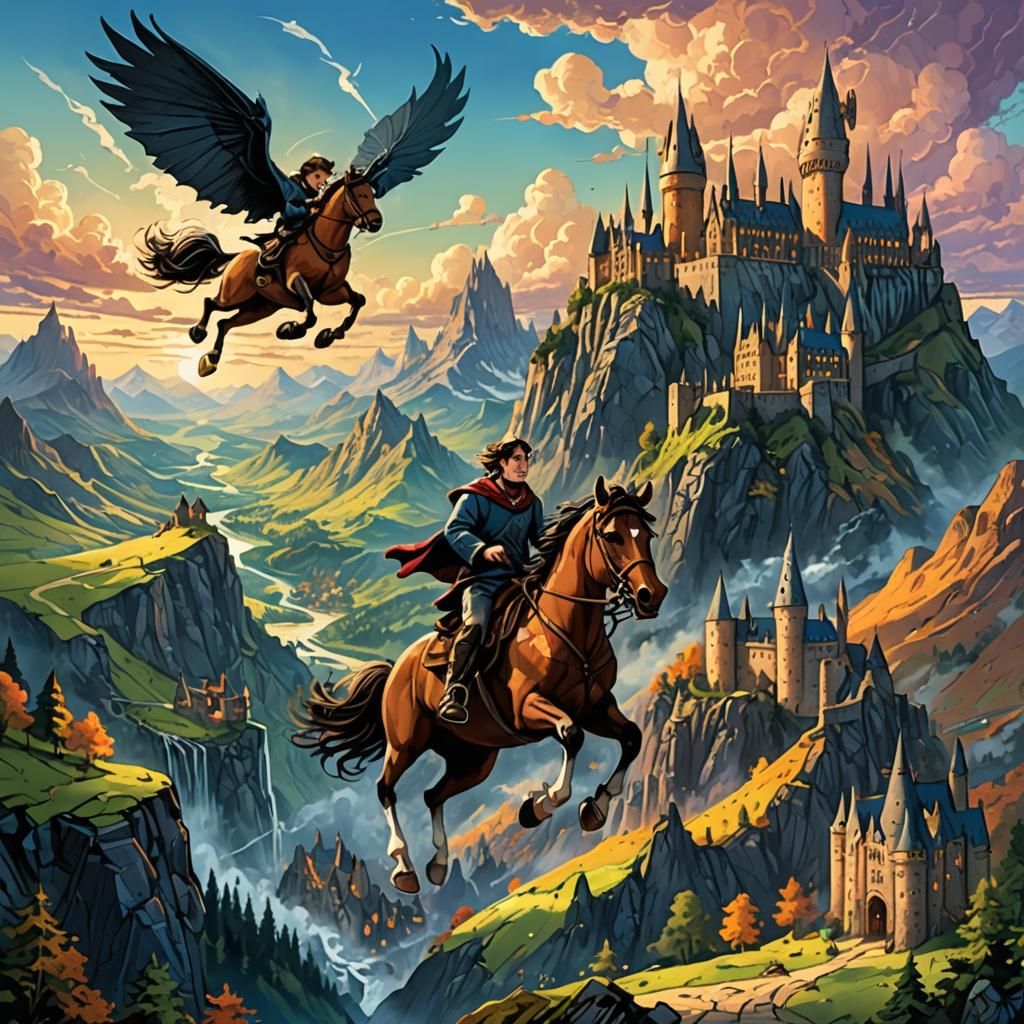 Man on Horse Flying Over Hogwarts Mountain