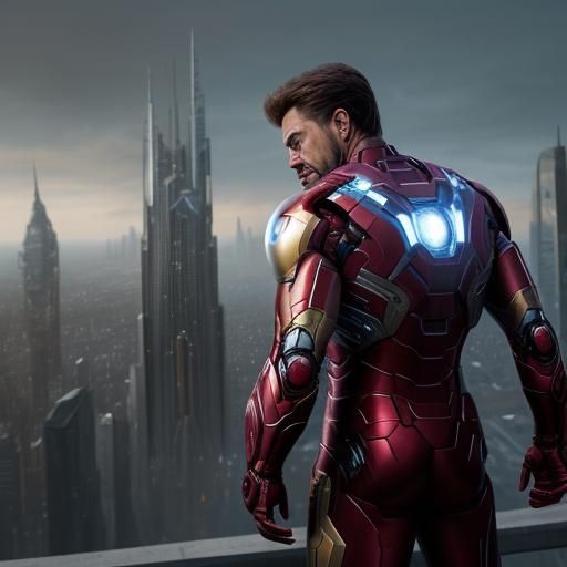 Iron Man Portrait in Futuristic Cityscape