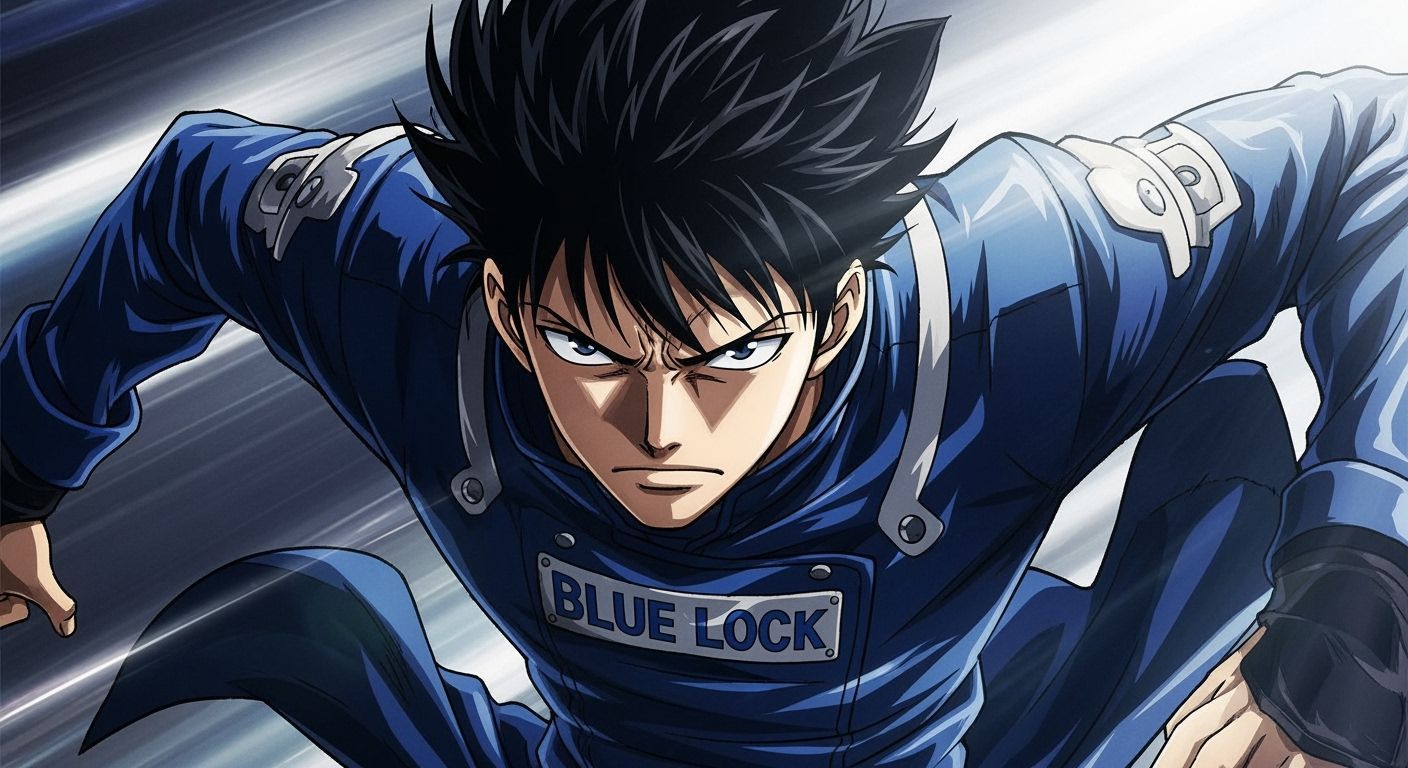 Anime Man in Blue Lock Uniform with Vibrant Lighting
