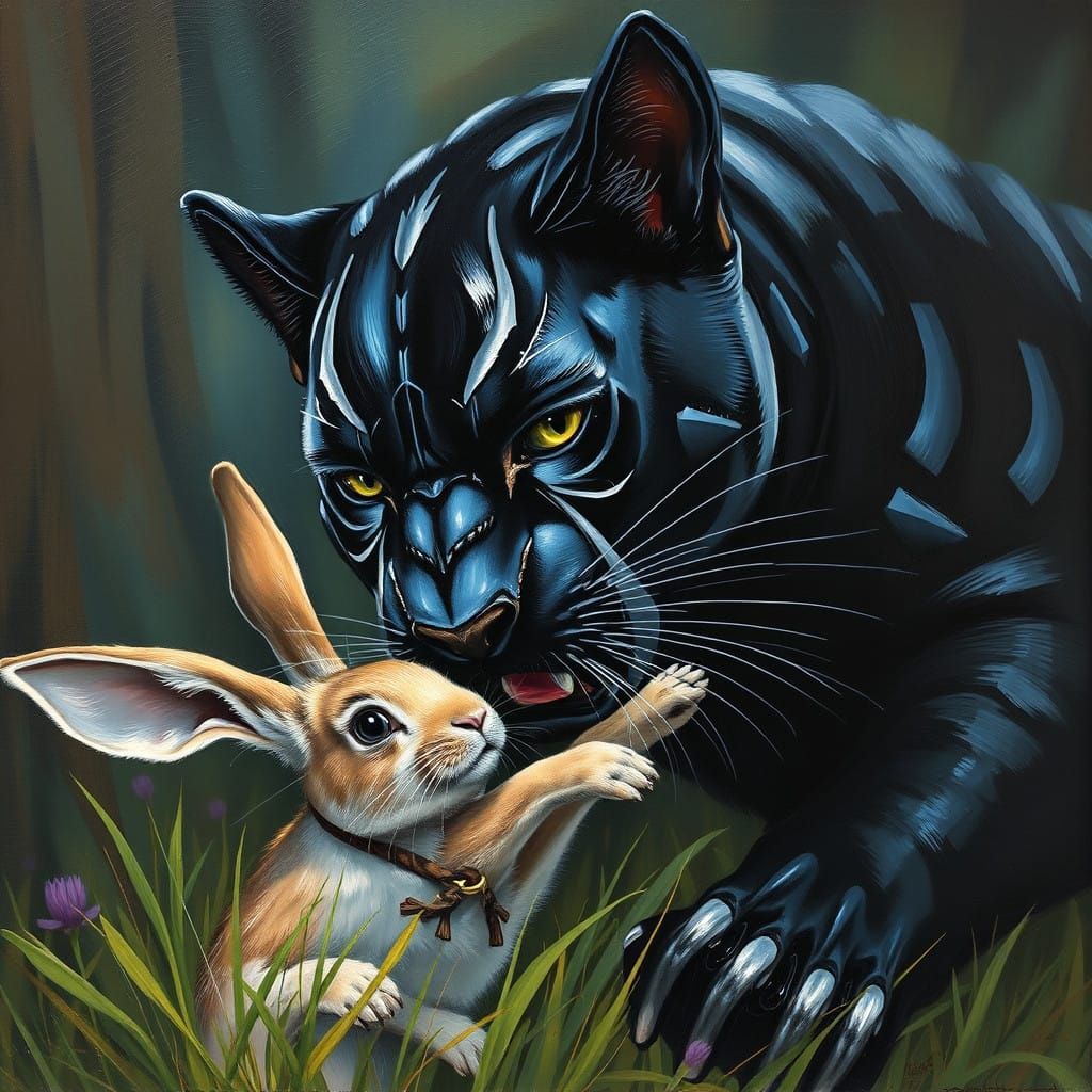 Black Panther Catching Rabbit