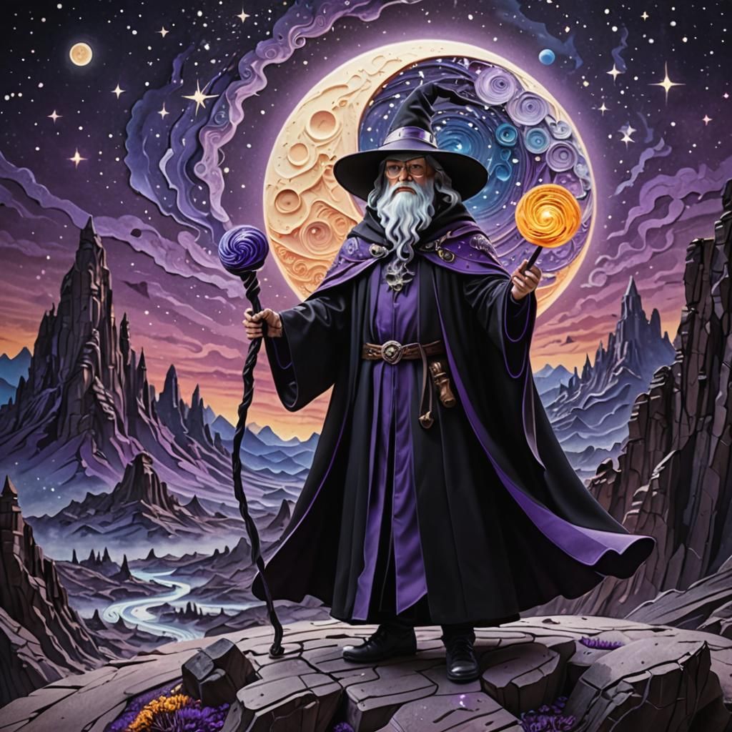 Wizard on Moon in Retro-Futuristic Pop Art