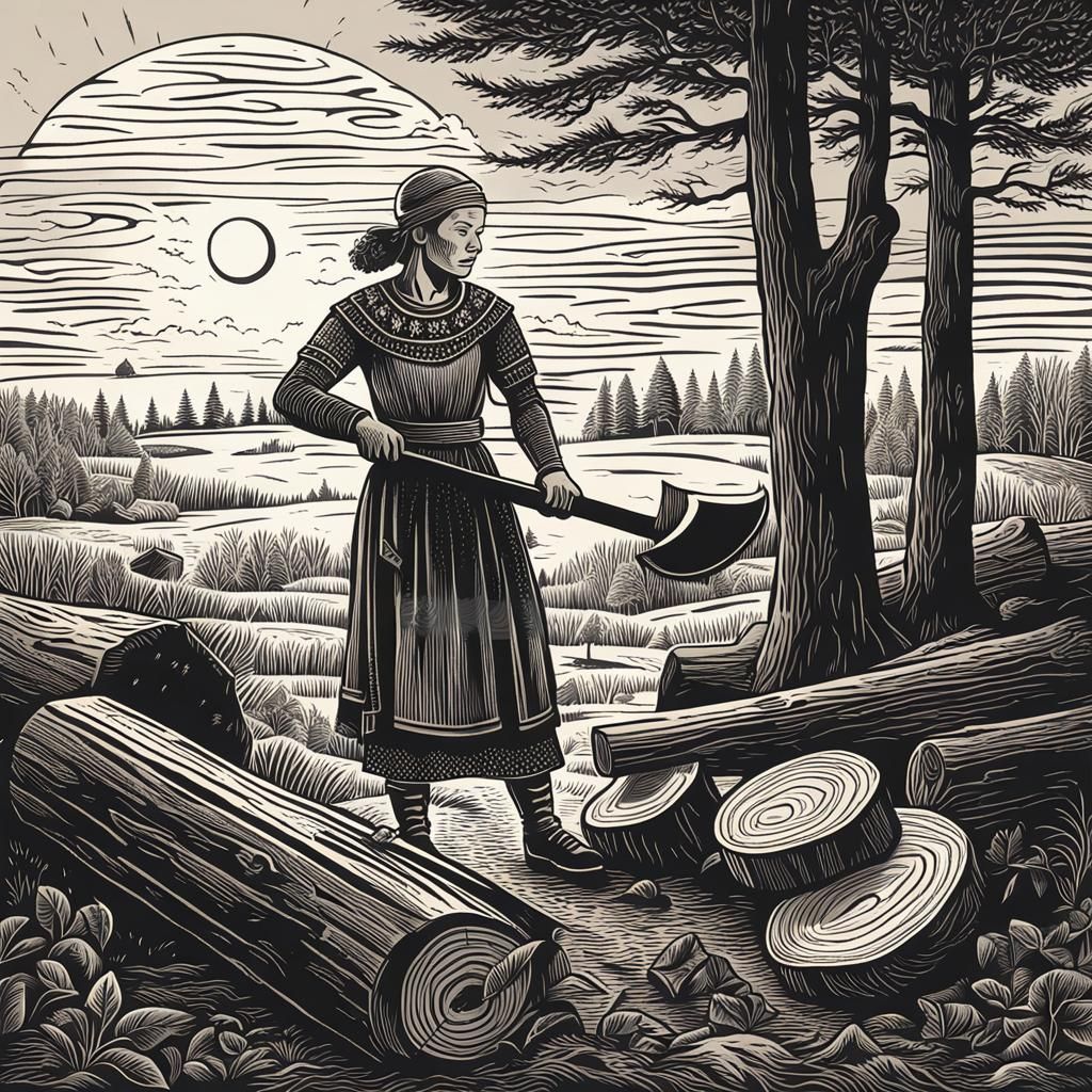 Viking Girl Chopping Wood: Nordic Style Wood Engraving