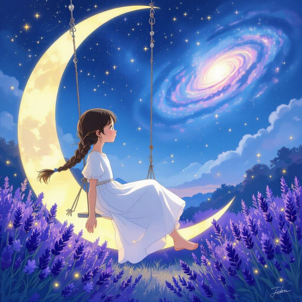Girl on Moon Swing in Dreamlike Starry Garden