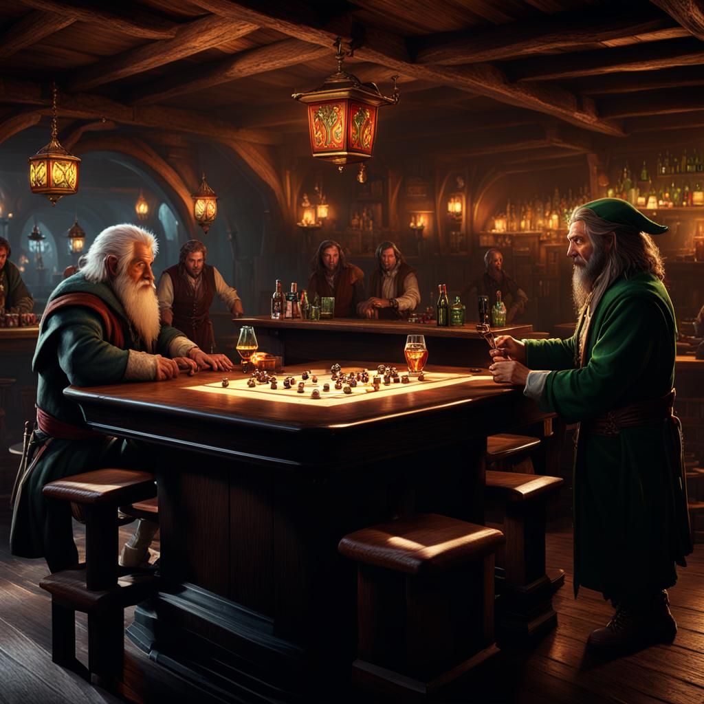 Hobbit and Elf Dice Game in Dark Fantasy Art