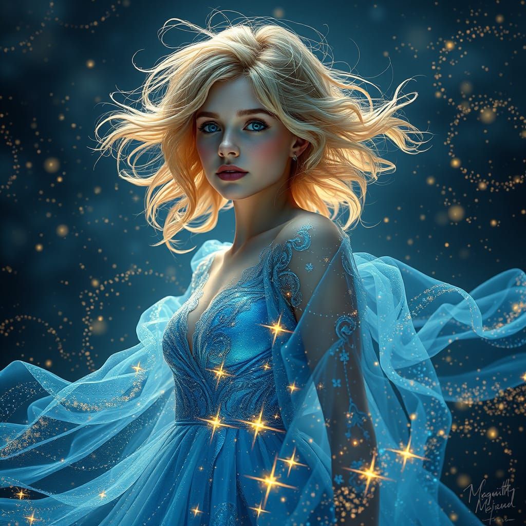 Ethereal Goddess in Celestial Blue Gown with Starlight Adorn...