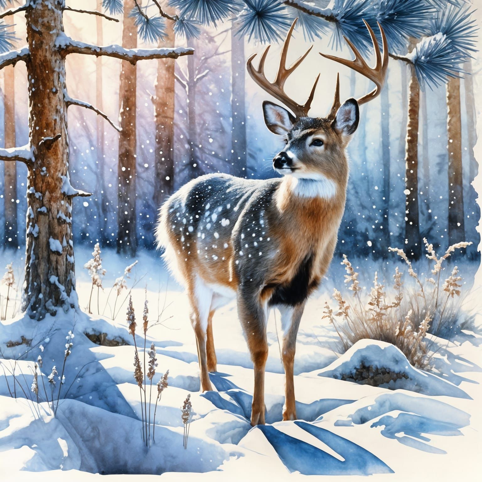 Deer in Snowy Forest: Watercolor Painting