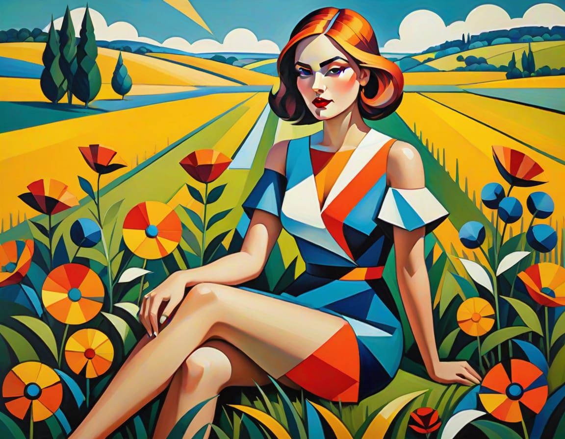 Cubist Girl With Flowers in Geometric Fauvism Style