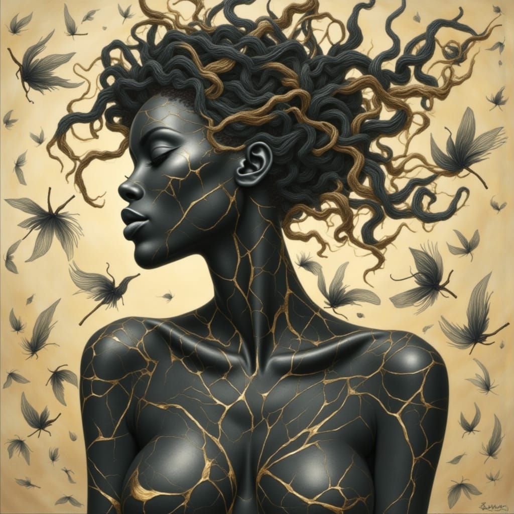 Surreal Marble Woman Portrait with Golden Veins