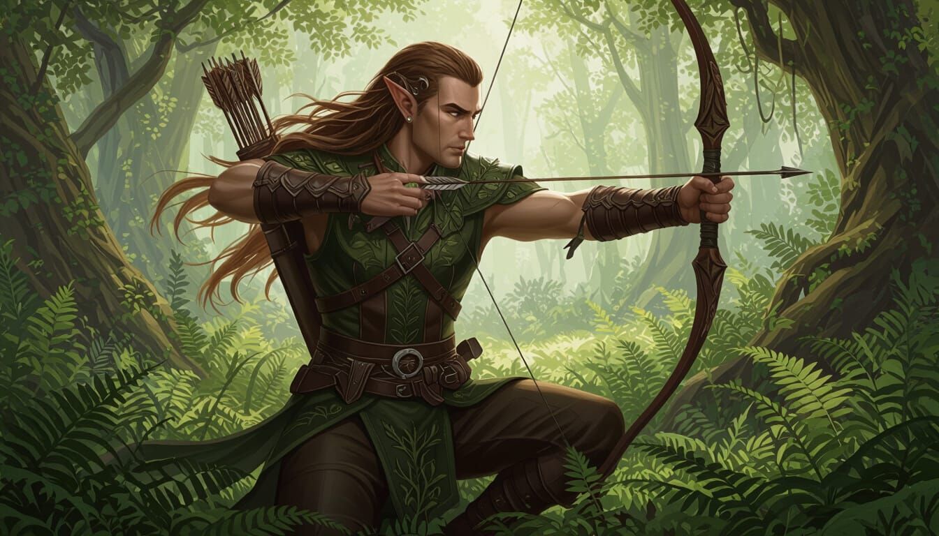 Elf Archer Kneeling in Ferns, Heroic Fantasy Style