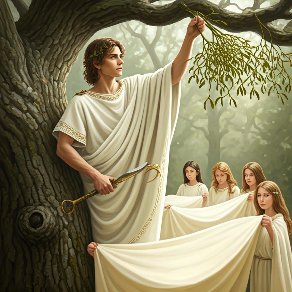 Druid Harvests Mistletoe in Hyperrealistic Detail
