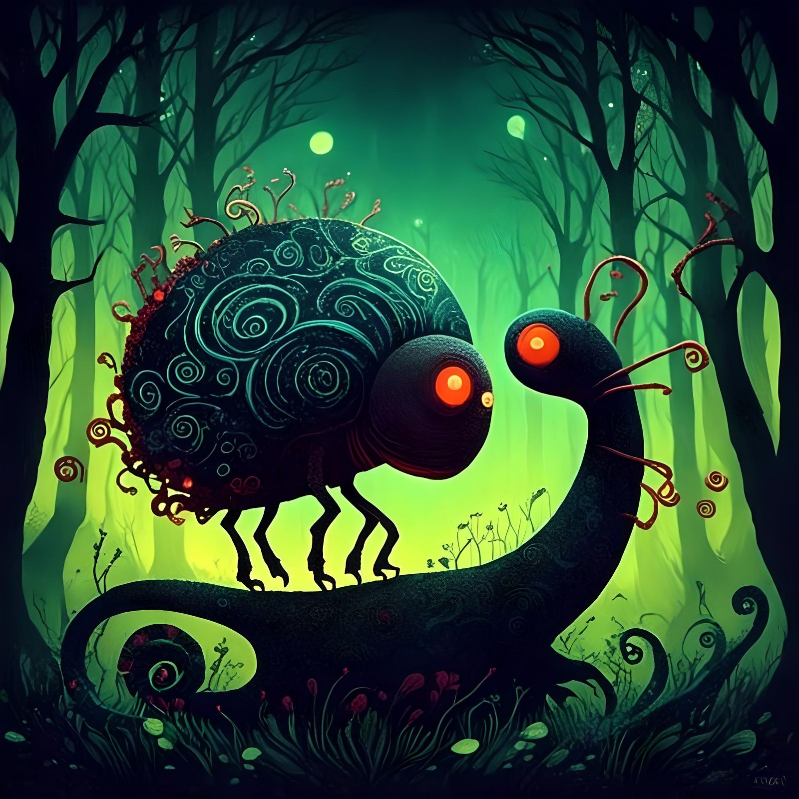 Glowing Horror in Twilight Forest, Alexander Jansson Style