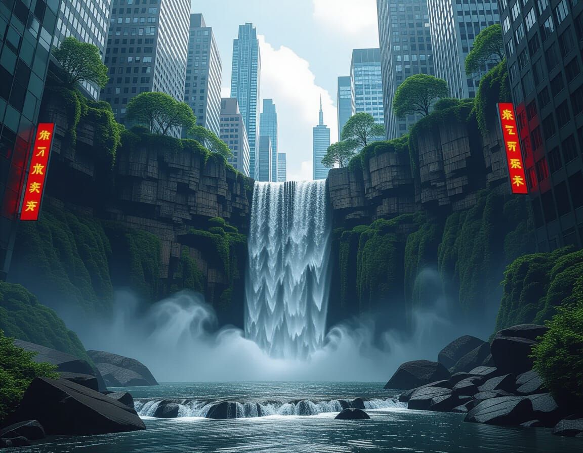 Urban Waterfall: Hyperrealistic Cityscape Cascade