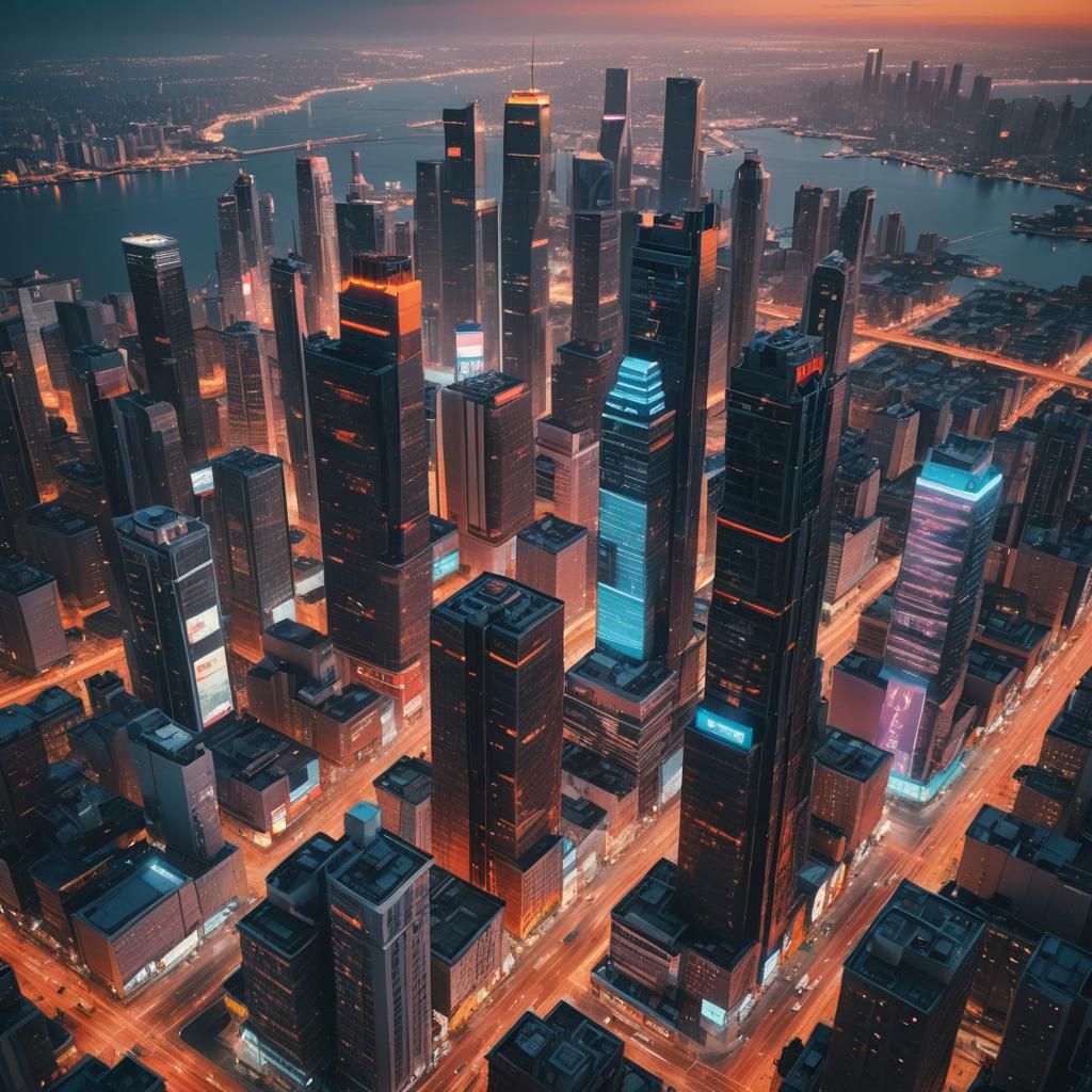Majestic Glowing Cityscape at Dusk in Cyberpunk Style