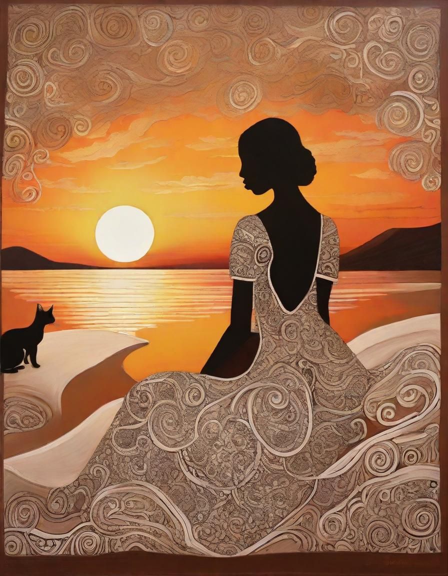 Woman and Cat Admire Sunset with Swirling Patterns