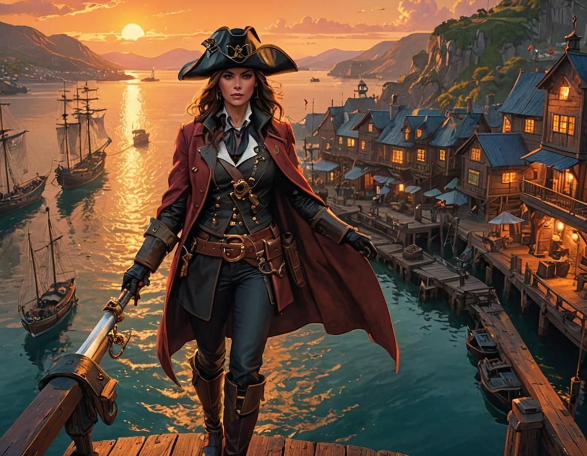 Futuristic Detective Pirate Adventurer Stands on Fantasy Har...