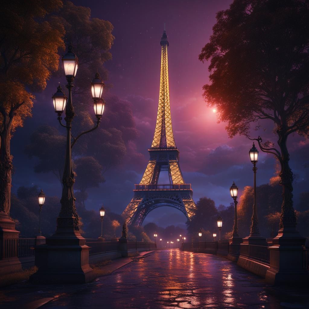 Eiffel Tower Lights Up in Detailed Fantasy Art