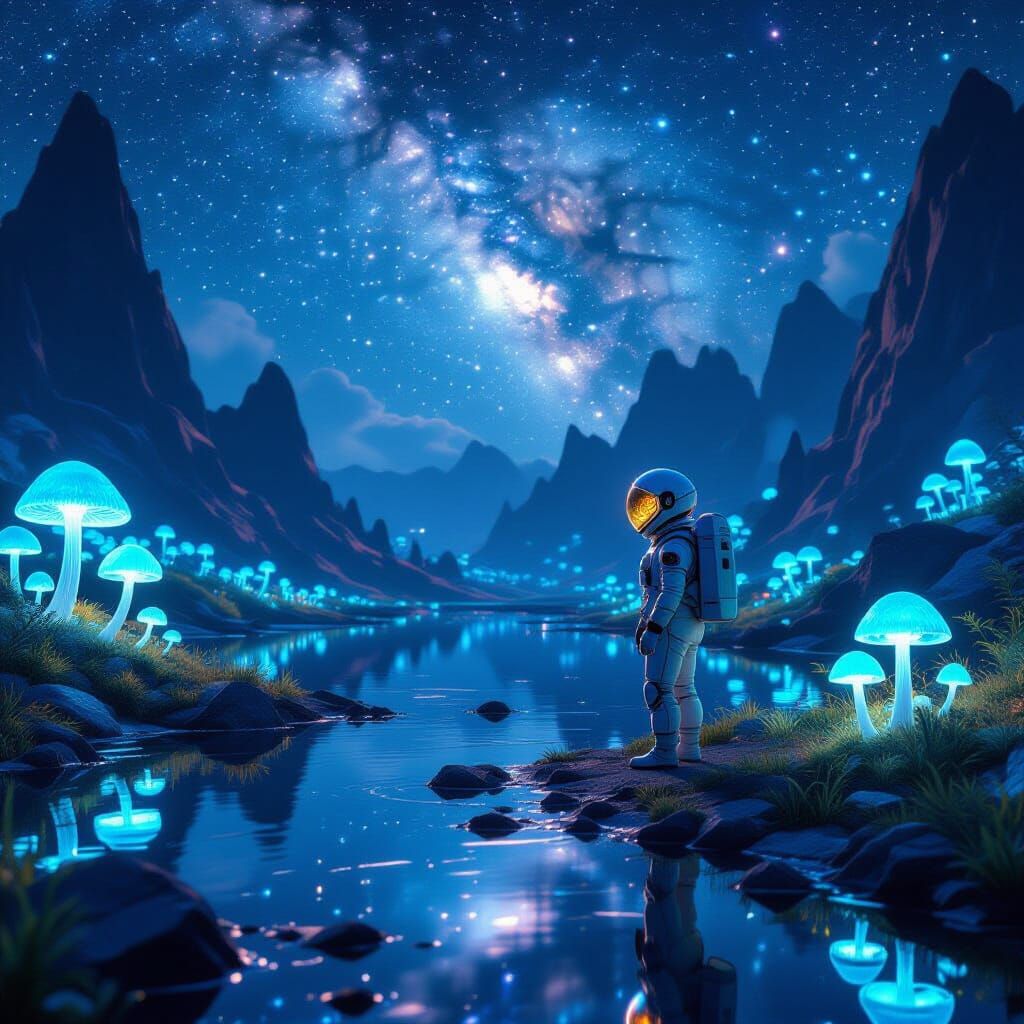 Astronaut Explores Alien World with Bioluminescent Flora