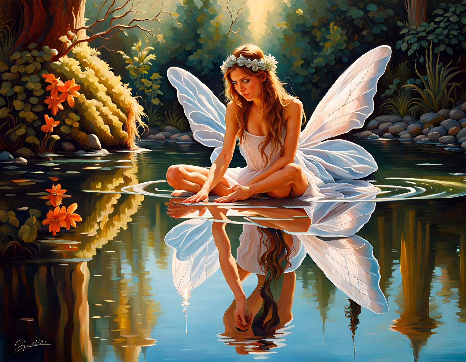 Fairy Reflection in River Pool: Hyperrealistic Oil Painting