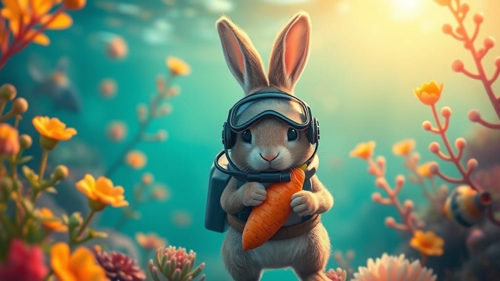 Underwater Whimsy: Rabbit in Scuba Suit Feasts on Sunlit Car...