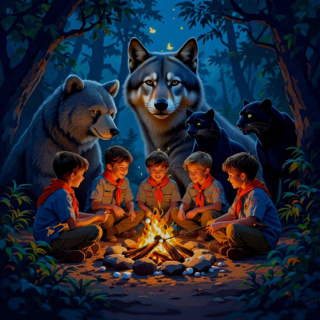 Cub Scout Jungle Campfire in Detailed Fantasy Art