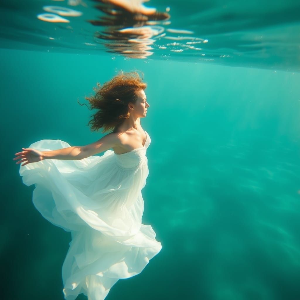 Ethereal Underwater Scene of Woman in White Dress