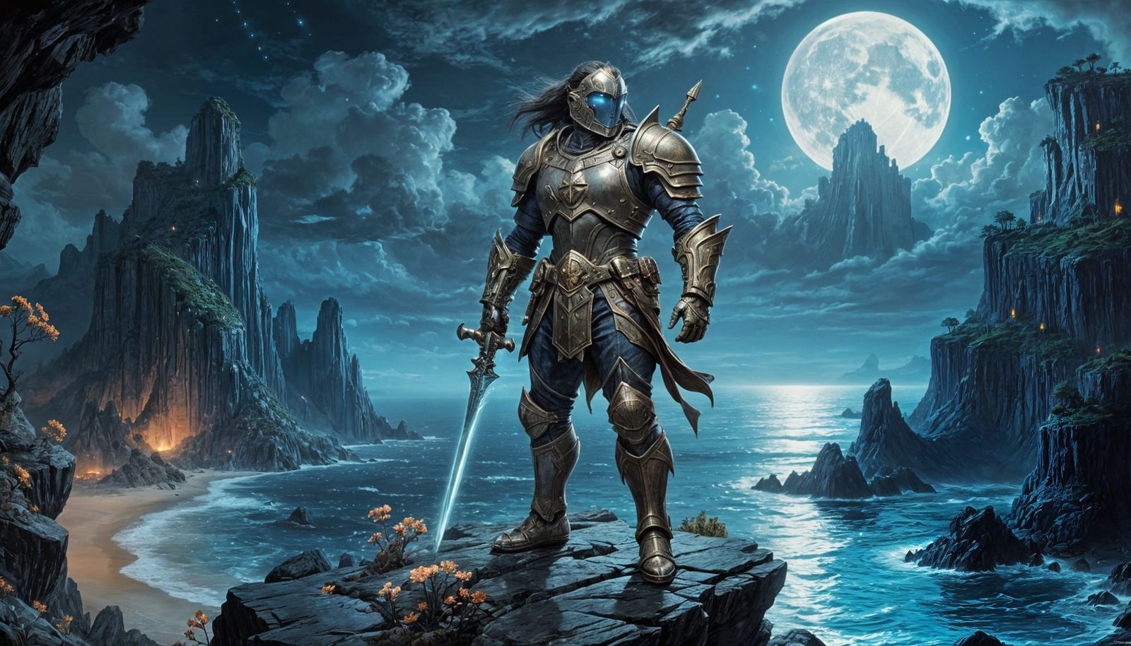 Knight on Cliff Overlooking Alien Ocean with Twin Moons