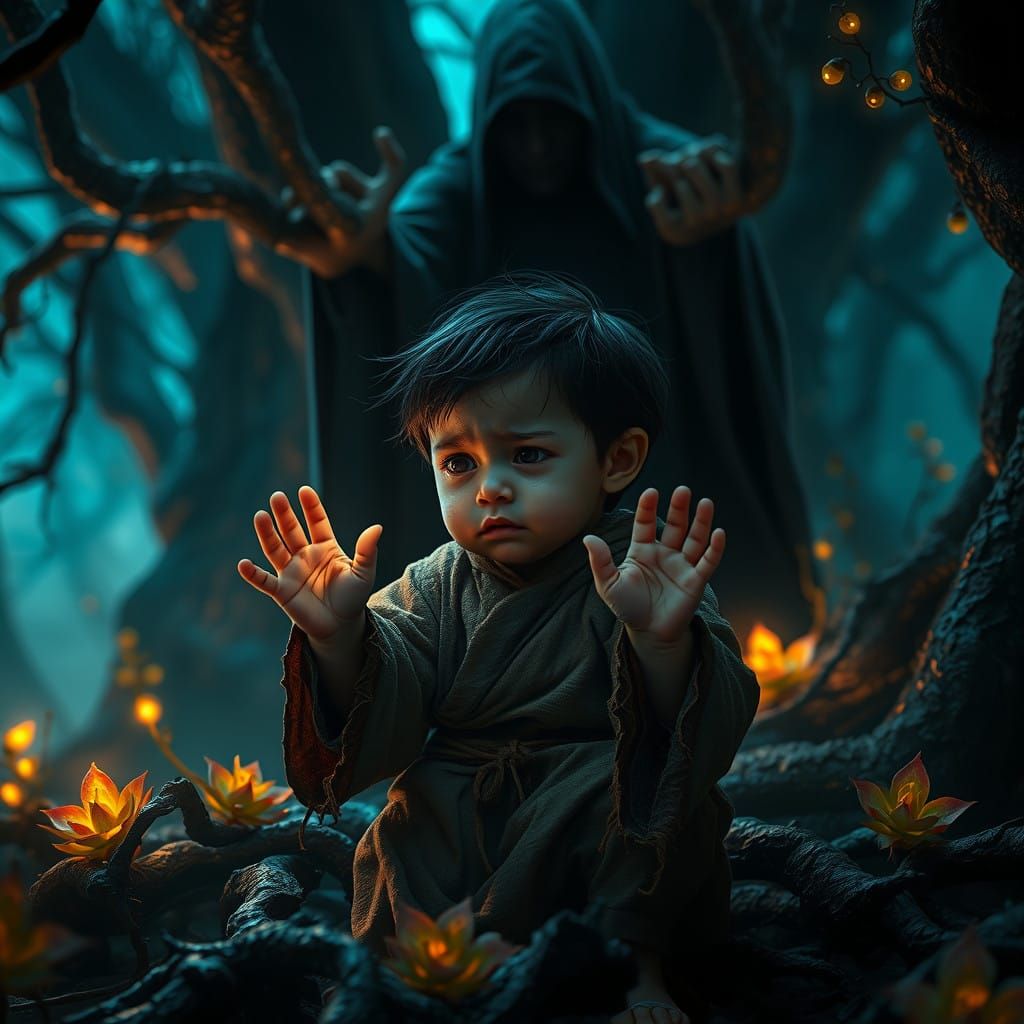 Mysterious Dark Figure Looms over a Distraught Child in a Ha...