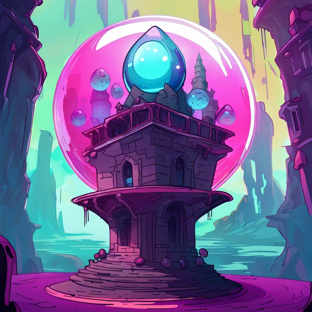 Multi-Head Alien Encounters Ancient Tower in Cartoon Style