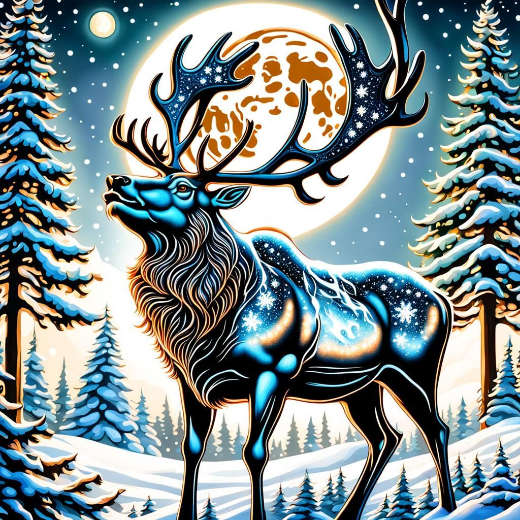 Reindeer Gazing at Moon in Airbrush Art
