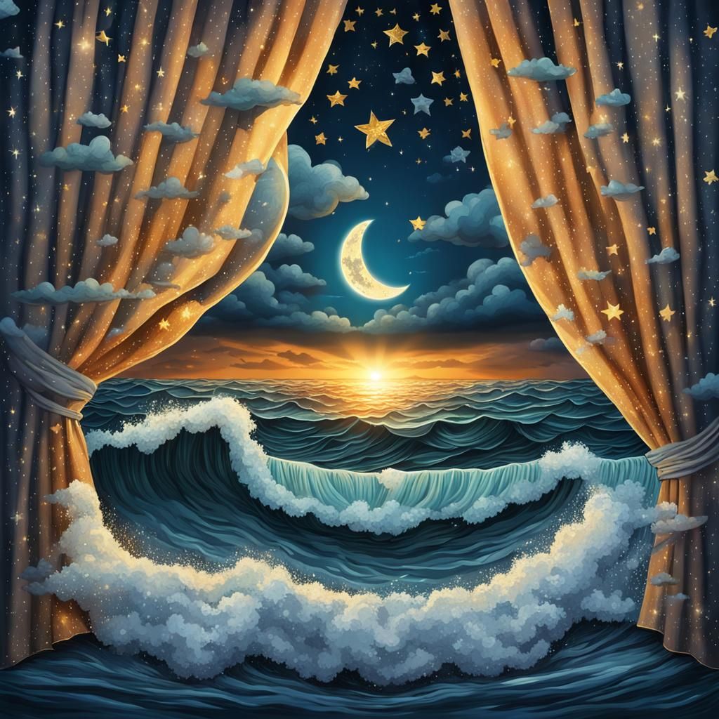 Stormy Sea Kisses Moon in Surreal Sunset