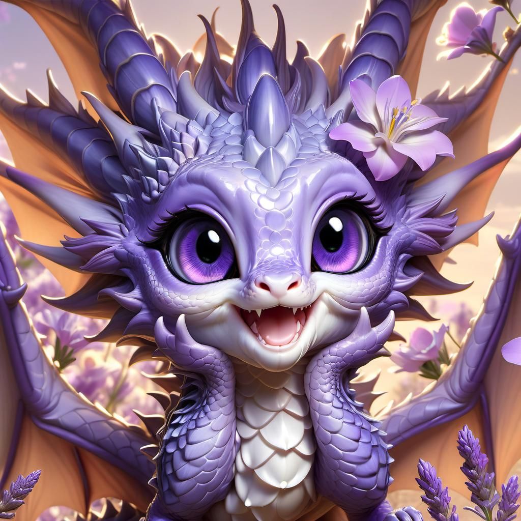 Adorable Lavender Flower Dragon Portrait in 3D